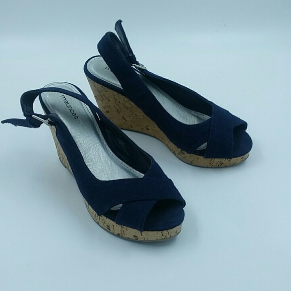 MAURICES l Navy Canvas Cork Peep Toe Wedge - Picture 1 of 8